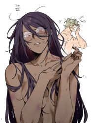 1boy 1girl angry bite_mark blonde_hair blush breasts bruise_on_arm bruise_on_neck bruise_on_shoulder bruised_chest closed_eyes collarbone glasses hair_between_eyes hair_over_breasts hair_over_shoulder hand_on_own_chest hand_up long_hair looking_down multiple_scars muscular muscular_male nude open_mouth original parted_lips purple_hair red_eyes scar short_hair simple_background small_breasts teardrop teeth thai_text upper_body very_long_hair waking_up white_background yawning