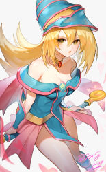 Rule 34 | 1girl, absurdres, bare shoulders, blonde hair, blue dress, blue footwear, blue panties, blush, boots, breasts, chair, curly hair, dark magician girl, dated, detached sleeves, dress, duel monster, facial mark, green eyes, hair between eyes, hat, heart, highres, large breasts, long hair, looking at viewer, nahonanaho, off-shoulder dress, off shoulder, open mouth, panties, parted lips, reclining, short dress, signature, simple background, solo, staff, star (symbol), thighs, twitter username, underwear, wizard hat, yu-gi-oh!
