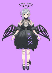 Rule 34 | 1girl, ahoge, arms at sides, belt, black belt, black dress, black footwear, blue eyes, breasts, bubble skirt, character request, cleavage, closed mouth, dress, ear piercing, earrings, fingernails, flower, gradient hair, grey hair, hair flower, hair ornament, halo, highres, indie virtual youtuber, jewelry, jonsun, large breasts, looking at viewer, mary janes, mole, mole above eye, mole under eye, multicolored hair, nail polish, piercing, pointy ears, purple background, purple hair, purple nails, ring, shoes, simple background, skirt, smile, solo, standing, thigh strap, virtual youtuber, wings