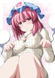Rule 34 | 1girl, blush, breasts, cleavage cutout, clothing cutout, flying sweatdrops, hat, highres, hitodama, large breasts, looking at viewer, meme attire, nori tamago, open-chest sweater, pink eyes, pink hair, ribbed sweater, saigyouji yuyuko, short hair, solo, sweater, touhou, triangular headpiece, turtleneck
