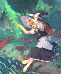 Rule 34 | &gt;:d, 1girl, :d, apron, barefoot, basket, bird, blonde hair, blue eyes, blush, boots, unworn boots, braid, breasts, dress, feet, forest of magic, hat, highres, kirisame marisa, lips, long hair, long skirt, magic, medium breasts, mushroom, open mouth, partially submerged, phymagi, puffy short sleeves, puffy sleeves, river, shoes, unworn shoes, short sleeves, single braid, sitting, skirt, smile, solo, sparkle, thick eyebrows, touhou, tree, v-shaped eyebrows, waist apron, wavy hair, witch hat