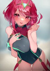 Rule 34 | 1girl, bare shoulders, black one-piece swimsuit, blurry, blurry background, blush, breasts, chest jewel, collarbone, core crystal (xenoblade), cowboy shot, depth of field, eyelashes, hand on own chest, hands up, highres, large breasts, leaning forward, looking at viewer, medium hair, multicolored clothes, multicolored swimsuit, one-piece swimsuit, open mouth, pyra (pro swimmer) (xenoblade), pyra (xenoblade), red eyes, red hair, red one-piece swimsuit, rindoriko, sidelocks, skindentation, solo, swept bangs, swimsuit, thighs, tiara, wet, xenoblade chronicles (series), xenoblade chronicles 2
