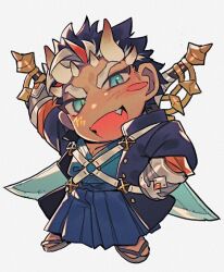 Rule 34 | 1boy, arm guards, arm up, bara, black hair, blue hakama, blush stickers, chibi, commentary, dark-skinned male, dark skin, demon boy, demon horns, facial tattoo, fang, film grain, full body, gakuran, gomoku (gomoku418), green eyes, green kimono, hakama, horns, japanese clothes, kimono, macroich (housamo), male focus, multicolored hair, multiple horns, multiple swords, open mouth, pectoral cleavage, pectorals, sandals, school uniform, short hair, simple background, smile, solo, sword, sword behind back, tattoo, thick eyebrows, tokyo houkago summoners, weapon, white background, white hair, zouri
