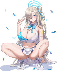 Rule 34 | 1girl, absurdres, asuna (blue archive), bare shoulders, blue archive, blue bow, blue bowtie, blue eyes, blue ribbon, bow, bowtie, breasts, cleavage, crop top, dishui tangni, grey hair, grin, hair over one eye, hair ribbon, hand up, highres, huge breasts, long hair, looking at viewer, midriff, miniskirt, navel, one side up, panties, revision, ribbon, shoes, shoulder tattoo, simple background, skirt, smile, sneakers, solo, squatting, stomach, tattoo, thighs, underwear, v, very long hair, white background, white footwear, white panties, white skirt