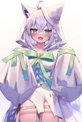 Rule 34 | 1girl, ahoge, animal ear fluff, animal ears, animal hood, blue bow, blush, bow, braid, breasts, commentary request, cowboy shot, deaver, fangs, fox ears, green bow, green eyes, green ribbon, hair between eyes, hair bow, highres, hololive, hood, hood up, hoodie, looking at viewer, medium breasts, medium hair, no panties, open mouth, ribbon, shirakami fubuki, simple background, skin fangs, sleeves past fingers, sleeves past wrists, solo, standing, virtual youtuber, white background, white hair, white hoodie