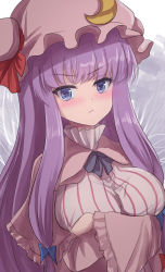 Rule 34 | 1girl, black neckwear, blue bow, blush, bow, breasts, capelet, collar, commentary, crescent, crescent hat ornament, crescent pin, crossed arms, dress, frown, hair bow, hat, hat ornament, hat ribbon, highres, large breasts, long hair, looking at viewer, mob cap, namiki (remiter00), patchouli knowledge, purple eyes, purple hair, red bow, red ribbon, ribbon, solo, striped clothes, striped dress, touhou, upper body, very long hair, wide sleeves