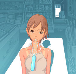 Rule 34 | 1girl, bad id, bad pixiv id, bare shoulders, blue background, brown eyes, brown hair, closed umbrella, convenience store, flash tomo, halterneck, head tilt, indoors, looking at viewer, magazine (object), mouth hold, original, pointy ears, sandals, shadow, shiny skin, shoes, unworn shoes, shop, short hair, solo, tan, tanline, tupet, umbrella