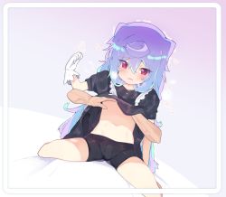 Rule 34 | 1boy, 1other, arm up, bike shorts, black dress, black shorts, blue hair, bulge, clothes lift, dress, dress lift, gloves, hacka doll, hacka doll 3, hands on another&#039;s chest, highres, lifting another&#039;s clothes, long hair, male focus, navel, pink background, red eyes, shorts, shorts under dress, simple background, sitting, spread legs, trap, white gloves, zeru (wisel army)