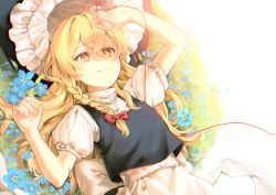 Rule 34 | 1girl, apron, black dress, blonde hair, blue flower, bow, chromatic aberration, closed mouth, dress, flower, grass, hair between eyes, hand up, hat, highres, jill 07km, kirisame marisa, long hair, red bow, short sleeves, short twintails, smile, solo, string, string of fate, sunlight, touhou, twintails, white apron, white sleeves, witch hat, yellow eyes