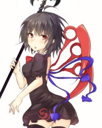 Rule 34 | 1girl, ahoge, bad id, bad pixiv id, black dress, black hair, black thighhighs, breasts, cowboy shot, dress, from side, houjuu nue, looking at viewer, looking to the side, polearm, red eyes, sangatsu saki, short hair, short sleeves, simple background, small breasts, solo, thighhighs, touhou, trident, weapon, white background, wings, zettai ryouiki