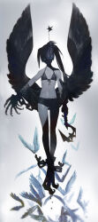 Rule 34 | 1girl, absurdres, bikini, bikini top only, black hair, black rock shooter, black rock shooter (character), black shorts, blue eyes, feathered wings, feathers, flaming eye, harpy, highres, huke, long hair, looking at viewer, midriff, monster girl, navel, pale skin, scar, short shorts, shorts, simple background, solo, swimsuit, talons, twintails, uneven twintails, white background, wings