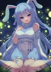 Rule 34 | 1girl, :d, absurdres, animal ears, bare shoulders, blue eyes, blue hair, blue kimono, braid, breasts, commentary request, commission, crown braid, detached sleeves, feet out of frame, hair between eyes, hair ornament, hand up, highres, hinata (user rjkt4745), japanese clothes, kimono, long hair, long sleeves, medium breasts, obi, one side up, open mouth, original, rabbit ears, rabbit hair ornament, sash, sitting, skeb commission, sleeveless, sleeveless kimono, smile, socks, solo, very long hair, wariza, white sleeves, white socks, wide sleeves