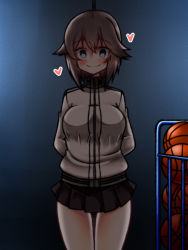 Rule 34 | 10s, 1girl, alternate eye color, aqua eyes, arms behind back, ball, basketball, basketball (object), black skirt, blush, breasts, brown hair, dark background, hair between eyes, hayasui (kancolle), heart, heart-shaped pupils, jacket, kantai collection, large breasts, long sleeves, looking at viewer, miniskirt, pleated skirt, short hair, skirt, smile, solo, symbol-shaped pupils, track jacket, yokai (yokai0401), you gonna get raped, zipper