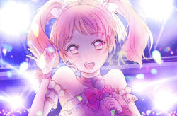 Rule 34 | 1girl, :d, bad id, bad pixiv id, bang dream!, bow, choker, detached sleeves, frilled sleeves, frills, glowstick, hair ribbon, hand up, highres, holding, holding microphone, looking at viewer, maruyama aya, microphone, music, ok sign, open mouth, petals, pink bow, pink choker, pink eyes, pink hair, ribbon, sidelocks, singing, smile, solo, stage lights, strapless, twintails, upper body, white ribbon, wrist bow, yuyuyugoonn