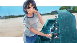 Rule 34 | 1girl, blue shorts, blush, closed mouth, commentary request, cowboy shot, cupping hand, day, faucet, gym uniform, hand on own face, highres, original, outdoors, outside border, sakatsuki yakumo, shirt, short hair, short sleeves, shorts, smile, solo, town, water, wet, wet hair, white shirt