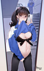 Rule 34 | 1boy, 1girl, absurdres, areola slip, black bra, black eyes, black hair, black pants, blue jacket, blush, bra, breasts, cellphone, chinese commentary, cleavage, clothes in mouth, clothes lift, clothes pull, cowboy shot, dated, exhibitionism, glasses, highres, hitomi o, holding, holding phone, jacket, lace, lace-trimmed bra, lace trim, large breasts, lifting own clothes, long sleeves, looking at viewer, medium hair, midriff, mirror, mouth hold, navel, original, pants, pants pull, phone, public indecency, reflection, school, selfie, shirt in mouth, shirt lift, signature, smartphone, solo focus, stairs, stairwell, twintails, underwear