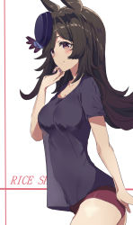 Rule 34 | 1girl, alternate costume, animal ears, black hair, blue hat, blush, breasts, buruma, casual, character name, closed mouth, commentary, cowboy shot, embarrassed, english commentary, eyes visible through hair, furrowed brow, hat, highres, horse ears, jsscj, long hair, looking at viewer, medium breasts, nail polish, parted bangs, purple buruma, purple eyes, purple nails, purple shirt, rice shower (umamusume), see-through silhouette, shirt, short sleeves, simple background, solo, tilted headwear, umamusume, white background