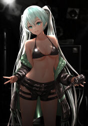 Rule 34 | 1girl, :d, absurdres, aqua hair, backlighting, bare shoulders, belt, belt buckle, bikini, bikini top only, black bikini, black shorts, breasts, buckle, cleavage, collarbone, commentary, cowboy shot, eyebrows hidden by hair, gibun (sozoshu), green eyes, green nails, hatsune miku, highres, holding, holding microphone stand, indoors, light particles, long hair, long sleeves, looking at viewer, medium breasts, microphone stand, nail polish, open mouth, revision, short shorts, shorts, shure 55sh, smile, solo, swimsuit, thighs, twintails, v, very long hair, vocaloid