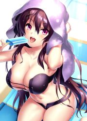 Rule 34 | 1girl, ao no kanata no four rhythm, arm up, bikini, black bikini, black hair, black shorts, blush, breasts, cleavage, collarbone, commentary request, commission, day, eyelashes, eyes visible through hair, food, hair between eyes, hair ornament, hair spread out, hand up, holding, holding food, holding ice cream, ice cream, large breasts, long hair, looking at viewer, micro shorts, navel, open mouth, outdoors, popsicle, purple eyes, round teeth, shiny skin, shorts, sidelocks, sitting, skeb commission, skindentation, smile, solo, stomach, swimsuit, teeth, thighs, tobisawa misaki, tongue, tongue out, towel, towel on head, upper teeth only, very long hair, wet, wet hair, white towel, x hair ornament, zen (kamuro), zipper pull tab
