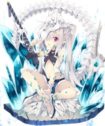Rule 34 | 1girl, belt, bone, crystal, detached sleeves, crossed legs, long hair, midriff, nibiiro shizuka, open mouth, original, pointy ears, ponytail, red eyes, shoes, shorts, silver hair, simple background, sitting, skull, slit pupils, solo, spread legs, sword, tail, weapon