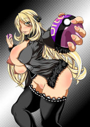 Rule 34 | 1girl, ass, ball, blonde hair, blue eyes, blush, body blush, breasts, covered erect nipples, creatures (company), curvy, cynthia (pokemon), female focus, game freak, gradient background, hair ornament, hair over one eye, highres, holding, huge breasts, large areolae, long hair, nintendo, nipples, no panties, open clothes, open mouth, plump, poke ball, pokemon, puffy nipples, solo, thighhighs, thighs