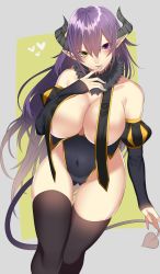 Rule 34 | 1girl, bare shoulders, black thighhighs, breasts, cleavage, covered navel, cowboy shot, demon girl, demon tail, detached sleeves, eyelashes, fingernails, gold trim, grey background, hair between eyes, hand to own mouth, head tilt, heart, heterochromia, highres, horns, large breasts, legs together, leotard, long fingernails, long hair, looking at viewer, onineko-chan, open mouth, original, outside border, pointy ears, purple eyes, purple hair, revealing clothes, simple background, skindentation, smile, solo, standing, tail, thighhighs, very long hair, yellow eyes