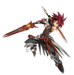 Rule 34 | 1boy, absurdres, armor, artist request, belt, black gloves, black pants, boots, dual wielding, earrings, elbow gloves, elsword, elsword (character), fighting stance, full body, gloves, grin, highres, holding, holding sword, holding weapon, infinity sword (elsword), jewelry, long hair, male focus, armored boots, necklace, official art, pants, red eyes, red hair, shirt, sleeveless, sleeveless shirt, smile, solo, spiked hair, sword, thigh boots, thighhighs, transparent background, weapon