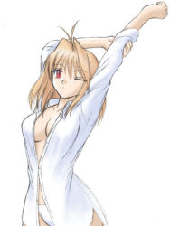 Rule 34 | 00s, antenna hair, arcueid brunestud, blonde hair, dress shirt, no bra, non-web source, one eye closed, panties, red eyes, shirt, sleeves rolled up, solo, stretching, tsukihime, unbuttoned, underwear, wink
