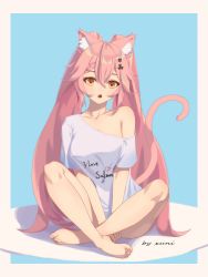 Rule 34 | 1girl, animal ear fluff, animal ears, bare legs, barefoot, between legs, braid, breasts, cat ears, cat girl, cat hair ornament, cat tail, clothes writing, commentary request, english text, fang, feet, full body, hair between eyes, hair ornament, hand between legs, heart, highres, indian style, long hair, looking at viewer, medium breasts, off shoulder, open mouth, original, pink hair, red eyes, shirt, short sleeves, signature, simple background, single bare shoulder, sitting, solo, tail, tail raised, twintails, two-tone background, very long hair, white shirt, xu ni