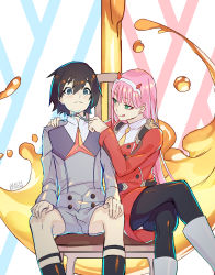 Rule 34 | 10s, 1boy, 1girl, black pantyhose, boots, brown hair, canata-k, canata katana, crossed legs, darling in the franxx, dress, green eyes, hairband, highres, hiro (darling in the franxx), horns, long hair, long sleeves, looking at another, pantyhose, pink hair, red dress, short hair, sitting, socks, uniform, white footwear, white hairband, zero two (darling in the franxx)