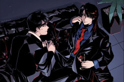 Rule 34 | 2boys, alcohol, artist name, black eyes, black hair, black jacket, closed mouth, collared shirt, commentary request, couch, cup, dated, drinking glass, feet out of frame, formal, grey shirt, hands on another&#039;s knees, highres, holding, holding cup, ichijou seiya, jacket, kaiji, long hair, long sleeves, looking at viewer, male focus, medium bangs, multiple boys, murakami tamotsu, necktie, pants, plant, potted plant, red hair, red necktie, shirt, short hair, smile, suit, tile floor, tiles, unknown03162, white shirt, wine, wine glass, yaoi