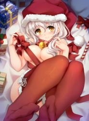Rule 34 | 1girl, bad id, bad pixiv id, bell, blush, bow, box, breasts, candy, candy cane, christmas, feet, food, fur trim, gift, gift box, glint, grey hair, hair censor, hat, heart, heart-shaped pupils, highres, jingle bell, large breasts, long hair, looking at viewer, lying, makuri, on back, original, panties, red panties, red thighhighs, ribbon, santa hat, smile, solo, star (symbol), symbol-shaped pupils, thighhighs, underwear, yellow eyes