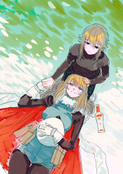 Rule 34 | 2girls, alcohol, andreanof pepesha, blonde hair, blue eyes, breasts, brown hair, bukimi isan, character request, gloves, grass, green sweater, hair between eyes, hat, highres, holding, holding clothes, holding hands, holding hat, large breasts, long hair, long sleeves, looking at viewer, looking up, lying, mother and daughter, multiple girls, on back, pantyhose, shy (series), sitting, smile, snow, spirits (shy), striped clothes, striped sweater, sweater, teeth, unfinished, unworn hat, unworn headwear, vodka, white gloves, white headwear