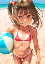 1girl ball beach beachball bikini blurry blurry_background brown_eyes brown_hair collarbone commentary commentary_request english_commentary highres holding holding_ball medium_hair mixed-language_commentary navel original side-tie_bikini_bottom smile solo standing stomach swimsuit tan tanline teeth twintails uzuki_mei