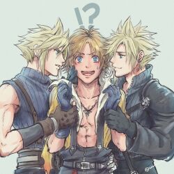 Rule 34 | !?, 3boys, armor, black gloves, black overalls, blonde hair, blue eyes, blush, chain, chain necklace, chest strap, closed mouth, cloud strife, commentary request, earrings, final fantasy, final fantasy vii, final fantasy vii advent children, final fantasy x, gloves, hand on another&#039;s cheek, hand on another&#039;s face, hand on another&#039;s waist, hand on another&#039;s wrist, high collar, highres, implied yaoi, jacket, jewelry, male focus, multiple boys, naughty face, necklace, open clothes, open collar, open jacket, open mouth, overalls, parted lips, possessive, shirt, short hair, shoulder armor, single earring, single shoulder pad, sleeveless, sleeveless turtleneck, smile, spiked hair, sweatdrop, tidus, turtleneck, twitter username, warori anne