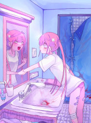 Rule 34 | 2girls, absurdres, arm grab, bags under eyes, bandaid, bathroom, blood, blue eyes, closed mouth, different reflection, doorway, electrical outlet, faucet, female focus, hair ornament, highres, indoors, leaning forward, light switch, mirror, multiple girls, open mouth, original, panties, pill, pink hair, pink panties, rabbit hair ornament, reflection, shi  zumu, shirt, sink, t-shirt, tarpaulin, tile floor, tiles, toothbrush, underwear, white eyes, white shirt, wide-eyed