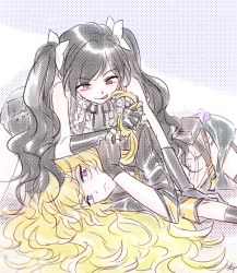 Rule 34 | 2girls, alternate costume, alternate hairstyle, black hair, blonde hair, commentary request, holding, holding hair, licking lips, mugupo, multiple girls, neo politan, rwby, tongue, tongue out, twintails, yang xiao long, yuri