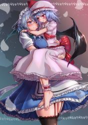 Rule 34 | 2girls, ;), absurdres, ankle cuffs, apron, ascot, back bow, barefoot, bat wings, black legwear, blue background, blue dress, blue eyes, blue hair, blush, bow, braid, breasts, brooch, carrying, commentary request, dress, drop shadow, frilled apron, frilled shirt collar, frills, full body, garter straps, gradient background, green bow, hair between eyes, hair bow, hat, hat ribbon, highres, hug, huge filesize, izayoi sakuya, jewelry, kuronoka, looking at another, maid, maid apron, maid headdress, medium breasts, mob cap, multiple girls, one eye closed, parted lips, petals, pink background, pink dress, pink headwear, puffy short sleeves, puffy sleeves, red ascot, red eyes, red ribbon, red sash, remilia scarlet, ribbon, sash, shirt, short hair, short sleeves, silver hair, smile, thighhighs, thighs, toes, touhou, twin braids, waist apron, white apron, white shirt, wings, wrist cuffs, yuri, zettai ryouiki