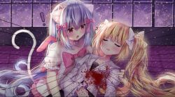Rule 34 | !, 2girls, animal ears, blonde hair, blood, bow, cat ears, cat tail, closed eyes, copyright request, hair bow, injury, long hair, multiple girls, non-web source, tail, twintails
