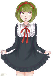 Rule 34 | 1girl, black dress, bow, bowtie, child, clothes lift, collared dress, danganronpa (series), danganronpa another episode: ultra despair girls, dress, dress lift, eyebrows, female focus, green eyes, green hair, hair bow, hair ribbon, hairband, headband, highres, long sleeves, looking to the side, looking up, matching hair/eyes, neck ribbon, nose, open mouth, red bow, red hairband, red headband, red headwear, red ribbon, ribbon, simple background, solo, teeth, tongue, towa monaca, upper teeth only, white background