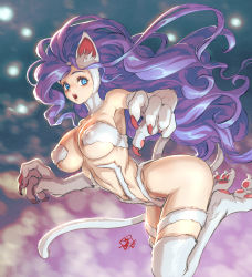 Rule 34 | 1girl, :o, animal ears, animal hands, armpits, ass, bare shoulders, blue eyes, blue hair, blurry, blurry background, body fur, breasts, capcom, cat ears, cat tail, claws, covered erect nipples, felicia (vampire), fujii eishun, highres, jumping, large breasts, legs together, long hair, looking back, open mouth, purple hair, signature, solo, tail, vampire (game), very long hair
