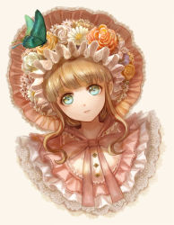 Rule 34 | 1girl, aqua eyes, bad id, bad pixiv id, bonnet, bug, butterfly, daisy, dutch angle, flower, frills, hat, hat flower, highres, insect, keiko (mitakarawa), light brown hair, looking at viewer, orange flower, orange rose, original, parted lips, pink ribbon, portrait, ribbon, rose, short hair, sidelocks, simple background, solo, upper body, white background, white flower, white rose