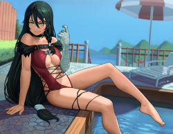 Rule 34 | 1girl, adapted costume, alternate costume, bandaged arm, bandages, bare shoulders, barefoot, beach chair, beach umbrella, beckoning, black choker, black hair, blue sky, blurry, blurry background, braid, breasts, chair, choker, commentary request, day, depth of field, feet, hair between eyes, highres, large breasts, lasterk, leg ribbon, long hair, looking at viewer, lounge chair, low-tied long hair, navel, one-piece swimsuit, outdoors, plantar flexion, pool, red one-piece swimsuit, ribbon, side braid, single braid, sitting, sky, smile, solo, swimsuit, tales of (series), tales of berseria, thigh ribbon, umbrella, underboob, velvet crowe, very long hair, water, yellow eyes