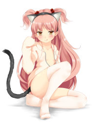 Rule 34 | 1girl, :q, animal ears, ass, blush, fake animal ears, flat chest, hair bobbles, hair ornament, highres, hood, hoodie, long hair, looking at viewer, mikane sebiri, naked hoodie, no bra, no shoes, open clothes, open shirt, original, peperoncirno, pink hair, pink thighhighs, shirt, sitting, sleeves past wrists, solo, sweater, tail, thighhighs, tongue, tongue out, twintails, two side up, yellow eyes