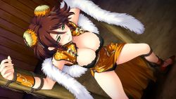 Rule 34 | 1girl, arms up, benimura karu, black bra, black panties, bound, bra, braid, breasts, brown hair, bunny black, bunny black 3, china dress, chinese clothes, cleavage, double bun, dress, game cg, high heels, large breasts, legs, mole, mole under mouth, open clothes, panties, rope, short hair, standing, suisen (bunny black), thighs, tied up, underwear