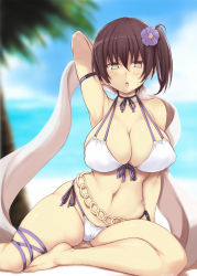 Rule 34 | 10s, 1girl, :o, arm up, armpits, barefoot, beach, bikini, blue sky, blush, breasts, brown hair, cleavage, collarbone, day, flower, front-tie bikini top, front-tie top, hair between eyes, hair flower, hair ornament, highres, jema, kaga (kancolle), kantai collection, large breasts, looking at viewer, multi-strapped bikini top, navel, open mouth, outdoors, palm tree, shiny skin, side-tie bikini bottom, side ponytail, sitting, sky, solo, sweatdrop, swimsuit, towel, tree, white bikini, yellow eyes