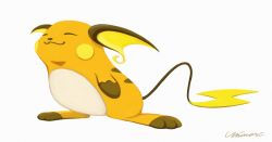 Rule 34 | closed mouth, commentary request, creatures (company), closed eyes, full body, game freak, gen 1 pokemon, highres, nintendo, no humans, pokemon, pokemon (creature), raichu, signature, simple background, smile, solo, standing, toes, uninori, white background
