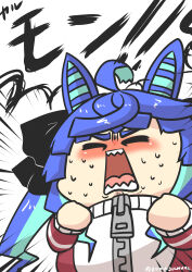 Rule 34 | 1girl, absurdres, ahoge, animal ears, blue hair, blush, clenched hands, closed eyes, emphasis lines, facing viewer, goma (gomasamune), highres, horse ears, jacket, long hair, long sleeves, multicolored hair, nose blush, open mouth, sharp teeth, simple background, solo, sweat, teeth, thick eyebrows, tracen training uniform, track jacket, translation request, twin turbo (umamusume), twintails, twitter username, two-tone hair, umamusume, white background, white jacket
