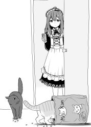 Rule 34 | 1girl, ahoge, apron, black cat, brown cat, cat, cellphone, closed mouth, collared shirt, door, dot nose, expressionless, eyelashes, frilled apron, frilled skirt, frills, full body, hair between eyes, hair ribbon, highres, holding, holding phone, idolmaster, idolmaster million live!, idolmaster million live! theater days, long hair, looking down, maid, maid apron, maid headdress, matcha kingyo, mochizuki anna, official alternate costume, open door, phone, ribbon, shirt, sidelocks, simple background, skirt, smartphone, standing, straight-on, straight hair, white background