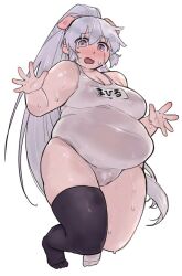 Rule 34 | 1girl, aimitsu (ibityuttyu), animal ears, asymmetrical legwear, blush, breasts, cameltoe, character request, cleavage, commentary request, copyright request, fake animal ears, fat, full body, grey hair, hair between eyes, hairband, large breasts, looking at viewer, one-piece swimsuit, open hands, open mouth, ponytail, purple eyes, simple background, single thighhigh, solo, sweat, swimsuit, tareme, thick arms, thick thighs, thighhighs, thighs, translation request, white background